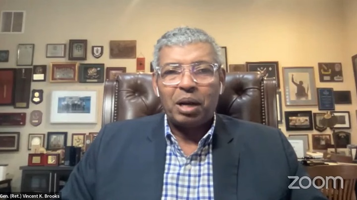 [워싱턴=뉴시스]빈센트 브룩스 전 주한미군사령관이 31일(현지시간) 스팀슨센터 화상 대담에서 발언하는 모습. (사진=스팀슨센터 유튜브 캡처) 2022.03.31. *재판매 및 DB 금지
