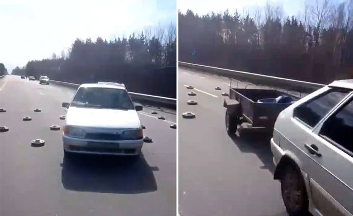 31일(현지시각) 우크라이나 키이우 서쪽 보로드얀카 인근 도로에서 차들이 대전차지뢰를 피해 지나가고 있다. 영상출처: 트위터이용자 @_catiko *재판매 및 DB 금지