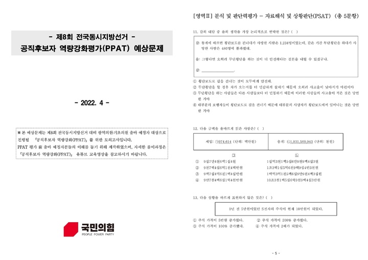 국힘, PPAT 예상문제 살펴보니…'선거법·당정책' 등 30문항