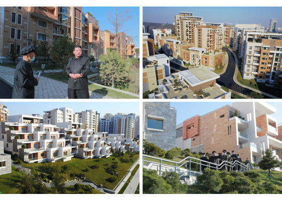 [서울=뉴시스] 3일 북한 노동신문은 김정은 조선노동당 총비서 겸 국무위원장이 평양 도심에 건설한 고급 주택 단지 '경루동'을 방문했다고 전했다. 사진은 현지지도 모습. (출처=노동신문 캡처) 2022.04.03. *재판매 및 DB 금지