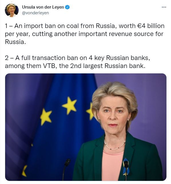 [서울=뉴시스]우르줄라 폰데어라이엔 유럽연합(EU) 집행위원장이 5일(현지시간) 러시아에 대한 5차 제재안을 공개했다. (사진=트위터 캡처) 2022.04.05.