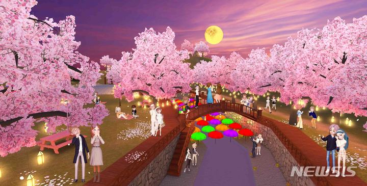 [서울=뉴시스]SK텔레콤의 메타버스 플랫폼 '이프랜드' 내에 국내 벚꽃명소들을 모티브로 조성된 '벚꽃엔딩' 랜드. (사진=SK텔레콤 제공)
