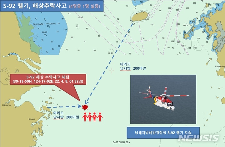 남해지방해양경찰청 항공대 소속 헬기 S-92 해상 추락 사고 지점. (자료=제주지방해양경찰청 제공) 