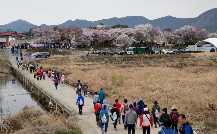 [괴산=뉴시스] 강신욱 기자 = 충북 괴산군체육회가 9일 주최한 2022 괴산세계유기농산업엑스포 성공기원 괴산군민 건강걷기대회가 칠성면 일대에서 진행되고 있다. (사진=괴산군 제공) 2022.04.09. photo@newsis.com *재판매 및 DB 금지