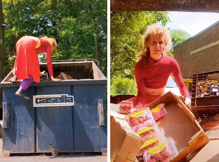 [서울=뉴시스] 미국에서 테리사 카디시가 식료품점 쓰레기통을 파헤쳐 식량을 찾고 있다. (사진=테리사 카디시 틱톡 갈무리) 2022.04.13. *재판매 및 DB 금지