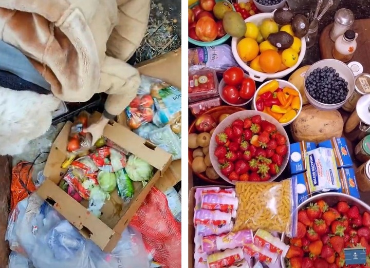 [서울=뉴시스] 미국에서 테리사 카디시가 식료품점 쓰레기통을 파헤쳐 찾아낸 음식물들이다. (사진=테리사 카디시 틱톡 갈무리) 2022.04.13. *재판매 및 DB 금지