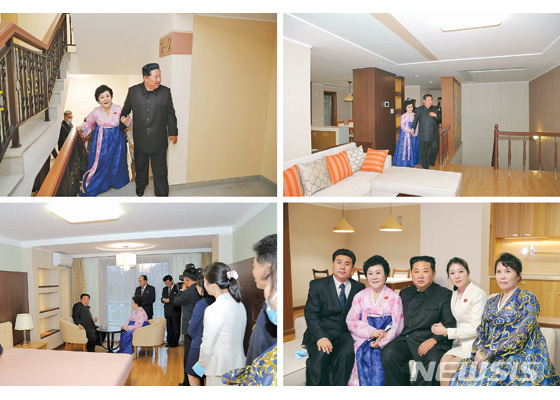 [서울=뉴시스] 14일 북한 조선노동당 기관지 노동신문은 지난 13일 김정은 당 총비서 겸 국무위원장이 보통강 강안 다락식 주택구 준공식에서 리춘히 방송원 집을 찾았다고 보도했다. (사진=노동신문 홈페이지 갈무리) 2022.04.14 