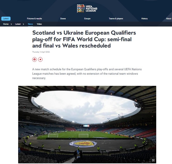 UEFA가 14일(한국시간) 우크라이나가 포함된 카타르 월드컵 유럽지역 예선 플레이오프 일정을 확정했다. (출처=UEFA 공식 홈페이지) 2022.04.15. *재판매 및 DB 금지