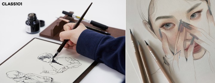 [서울=뉴시스] (왼쪽부터) 유튜버 이연의 실루엣 드로잉 클래스, 드로잉 크리에이터 둡의 채색 인물화 클래스. (사진=클래스101 제공) 2022.04.16. photo@newsis.com *재판매 및 DB 금지