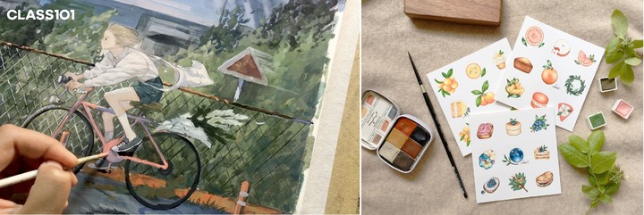 [서울=뉴시스] (왼쪽부터)NOMA의 불투명 수채화 클래스, HANA의 하루에 하나 수채화 그림 클래스. (사진=클래스101 제공) 2022.04.16. photo@newsis.com *재판매 및 DB 금지