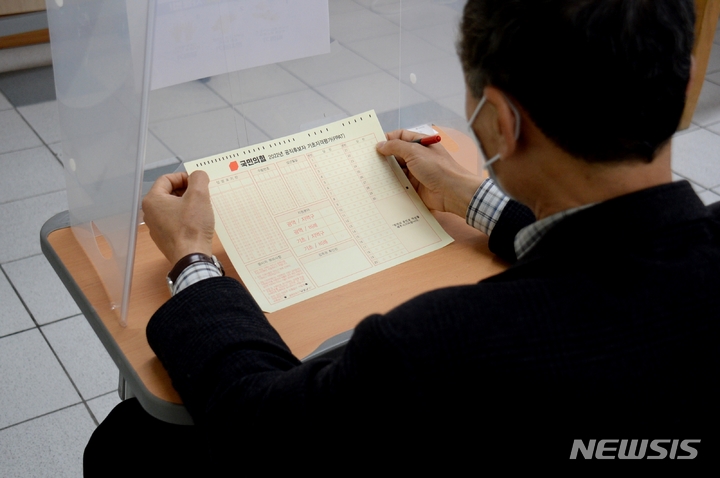 [청주=뉴시스] 조성현 기자 = 17일 오전 충북 청주시 청원구 내수읍 충북보건과학대학교에서 열린 2022년 국민의힘 공직자 후보 기초자격평가(PPAT)에서 8회 전국동시지방선거 충북도 광역·기초의원 공천 신청자들이 긴장감 속에 시험을 앞두고 있다. 2022.04.17. jsh0128@newsis.com 