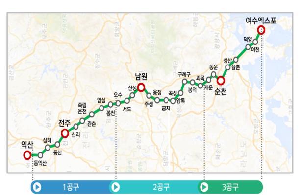 [서울=뉴시스] 홍찬선 기자 = 국토교통부는 '한국형 열차제어시스템(KTCS-2)'을 19일부터 전라선 익산부터 여수엑스포(EXPO)역까지 180㎞ 구간에 적용한다고 18일 밝혔다. 사진은 사업구간 노선약도. (사진=뉴시스 DB). photo@newsis.com *재판매 및 DB 금지