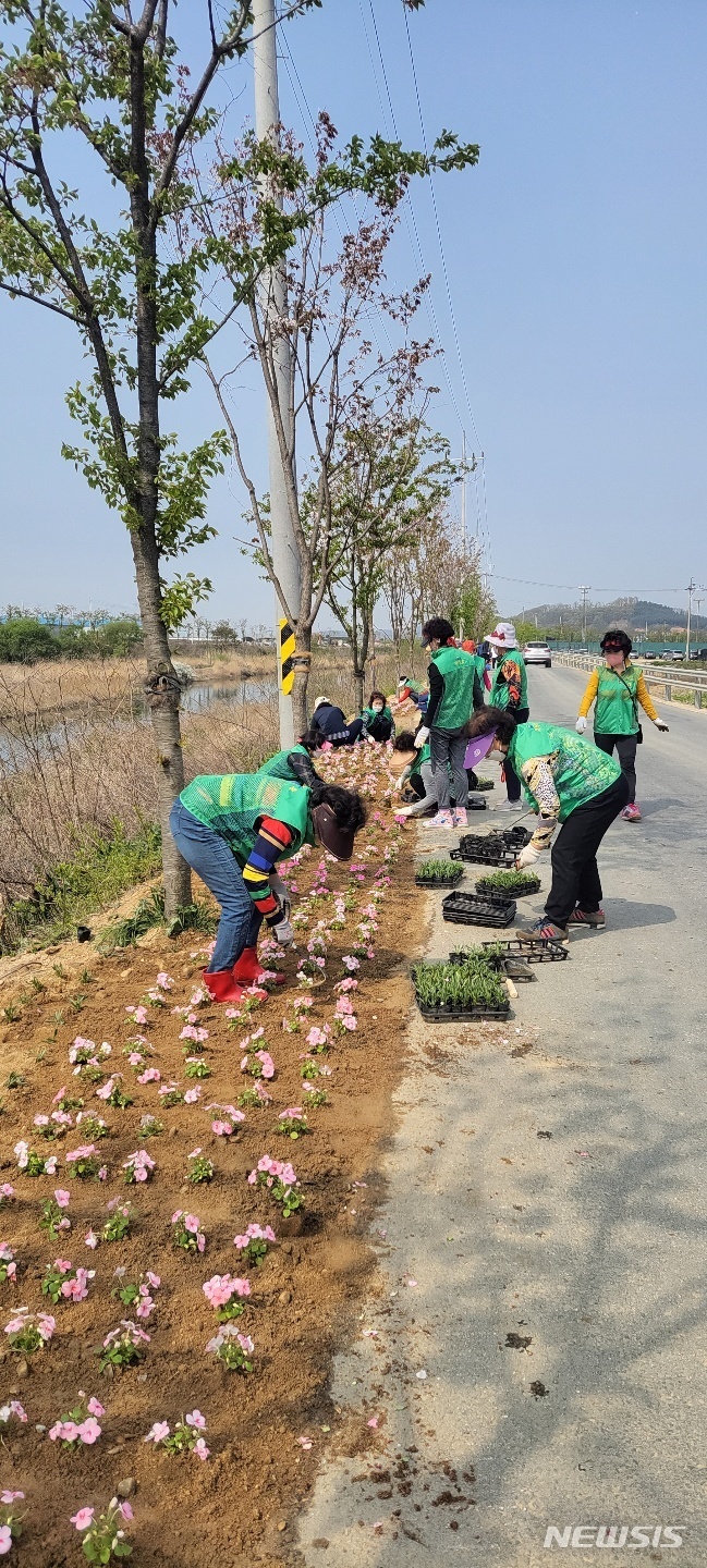  남사읍 주민단체들의 봄꽃 심기. (사진제공=용인시 남사읍)