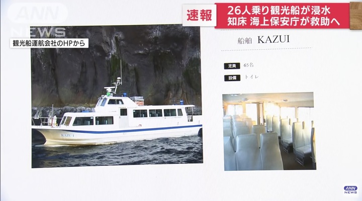 [서울=뉴시스]일본 홋카이도 앞바다에서 26명이 탑승한 관광선이 침몰하는 사고가 발생한 것으로 전해졌다. 사진은 아사히뉴스네트워크(ANN) 보도 갈무리. 2022.04.24. *DB 및 재판매 금지