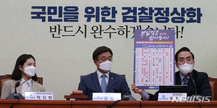 [서울=뉴시스] 최진석 기자 = 박홍근 더불어민주당 원내대표가 29일 서울 여의도 국회에서 열린 비상대책위원회의에서 윤석열 정부 공직 후보자 의혹을 정리한 손팻말을 들고 발언하고 있다. (공동취재사진) 2022.04.29. photo@newsis.com