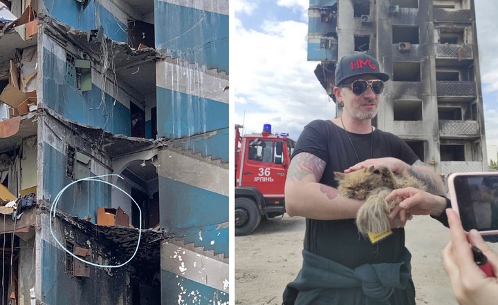 [서울=뉴시스] 2일(현지시간) 우크라이나 수도 키이우 인근 보로댠카의 한 아파트에서 구조된 고양이를 안고 있는 유진 키베츠. (사진=유진 키베츠 페이스북 갈무리) 2022.05.03. *재판매 및 DB 금지