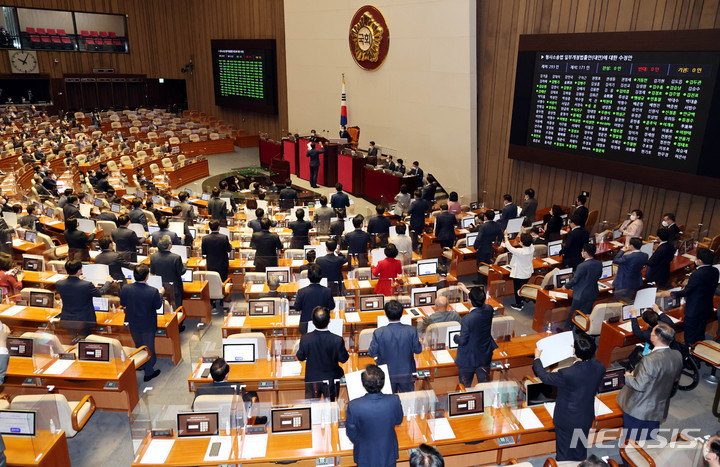 [서울=뉴시스] 전진환 기자 = 3일 오전 서울 여의도 국회 본회의장에서 형사소송법 개정안 표결이 진행되고 있다. (공동취재사진) 2022.05.03. amin2@newsis.com