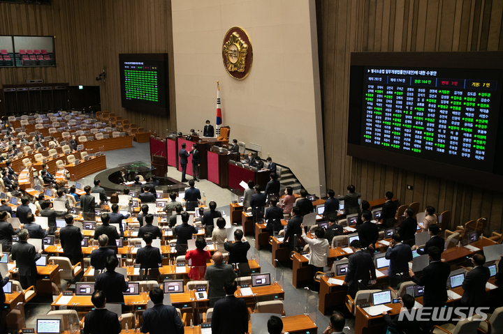 [서울=뉴시스] 고범준 기자 = 지난달 3일 오전 열린 국회 본회의에서 국민의힘 의원들이 항의하는 가운데 검수완박(검찰 수사권 완전 박탈) 두번째 법안인 형사소송법 개정안에 대한 표결을 진행하고 있다. (공동취재사진) 2022.05.03. photo@newsis.com