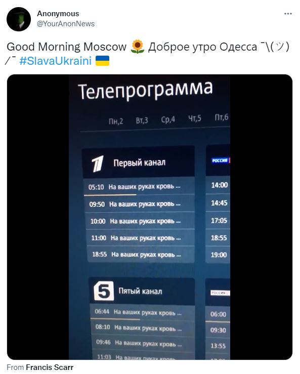 [서울=뉴시스] 9일(현지시간) 익명 해커 단체 어나니머스가 BBC 기자의 트윗을 인용해 게시한 영상. (사진=어나니머스 트위터 갈무리) 2022.05.10. *재판매 및 DB 금지