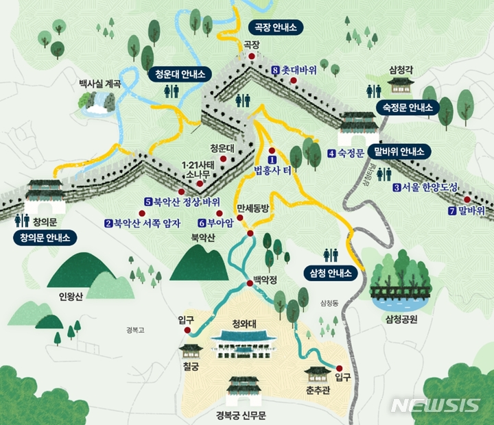 [서울=뉴시스] 북악산(등산로) 주변 주요 유적 현황. (사진=한국문화재재단 제공) 2022.05.10. photo@newsis.com *재판매 및 DB 금지