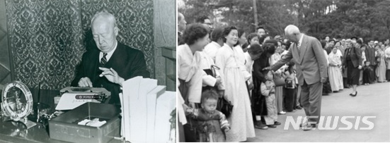 [세종=뉴시스] 이승만 대통령이 1955년 경무대 집무실에서 타이핑(왼쪽)하고 경무대를 최초 개방해 내방객을 맞이하는(오른쪽) 모습. (자료= 행정안전부 대통령기록관 제공) 2022.05.11