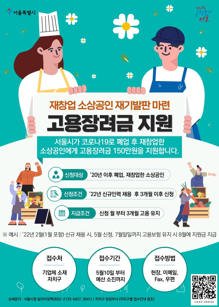 [서울=뉴시스] 코로나19로 폐업한 후 재창업한 소상공인이 올해 신규인력을 1명 채용하면 150만원의 고용장려금을 지원받는다. 서울시는 10일 고용장려금을 통해 사회적 거리두기 완화에 따라 민생경제 회복 속도를 높이고, 영세 소상공인의 재기 발판을 마련한다는 계획이다. (사진=서울시 제공) 2022.05.11. photo@newsis.com *재판매 및 DB 금지