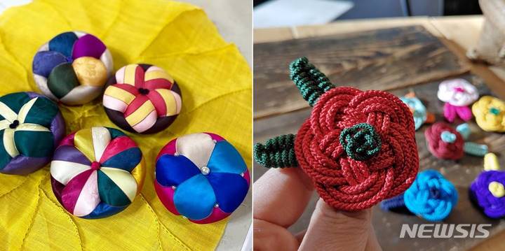 [전주=뉴시스]윤난슬 기자 = 왼쪽부터 규방공예, 전통매듭 작품.(사진=전주문화재단 제공) 