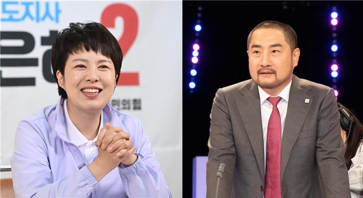 [서울=뉴시스] 6·1 지방선거 경기도지사에 출마한 김은혜 국민의힘 후보(왼쪽)와 강용석 무소속 후보. (사진=뉴시스 DB). *재판매 및 DB 금지