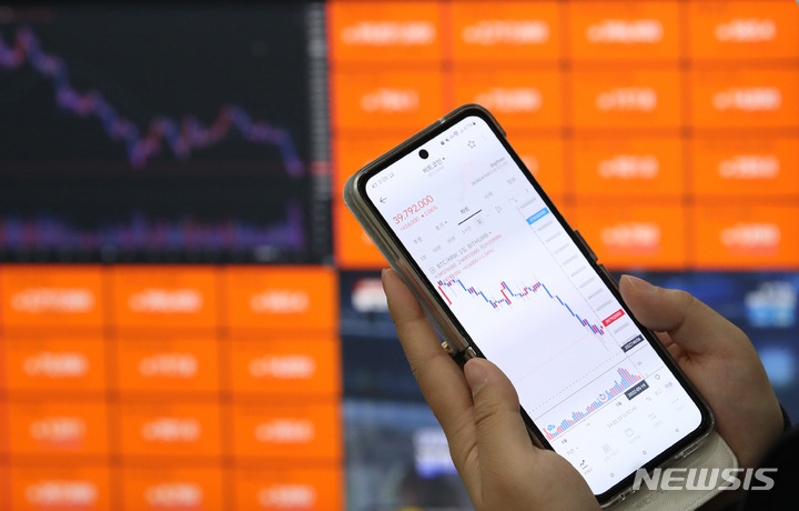 [서울=뉴시스] 김진아 기자 = 코인 시장을 흔들어놨던 테라 사태 후 비트코인이 소폭 상승하고 있는 16일 서울 서초구 빗썸 고객센터서 휴대폰에 비트코인 시세가 표시되고 있다. 16일 오전 9시 기준 국내 암호화폐 거래소 빗썸에서 비트코인은 24시간 전보다 2.50% 오른 4089만9000원을 기록했다. 2022.05.16. bluesoda@newsis.com