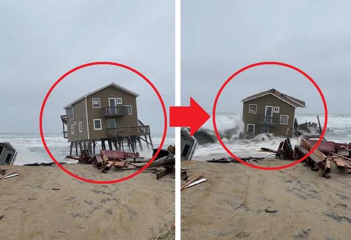 [서울=뉴시스] 지난 10일(현지시간) 미국 노스캐롤라이나의 아우터 뱅크스 로단스 해안가에서 캘리포니아 부동산 중개인 랄프 패트리첼리(57)의 별장이 파도에 휩쓸려 부서졌다. (사진=트위터 갈무리) 2022.05.17. *재판매 및 DB 금지