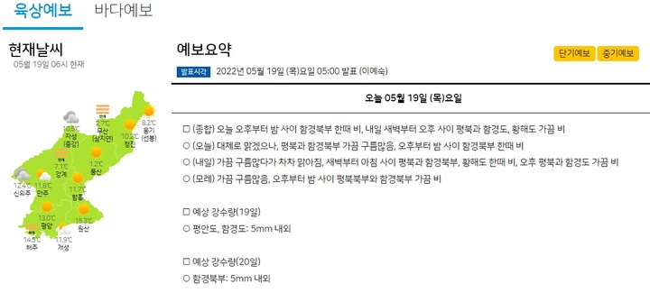 [서울=뉴시스] 기상청 발표한 북한 날씨 예보. 2022.05.19. (사진=기상청 누리집 갈무리) *재판매 및 DB 금지