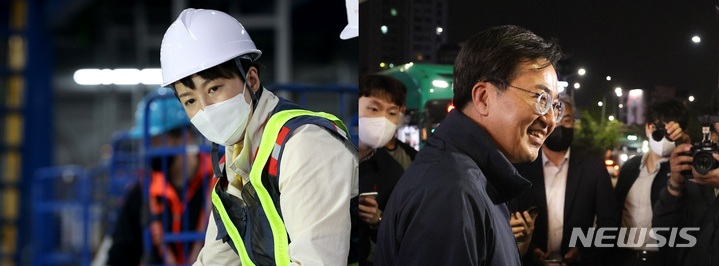 [수원=뉴시스] 공식 선거운동 첫날인 19일 선거유세 돌입한 국민의힘 김은혜, 더불어민주당 김동연 경기도지사 후보. 