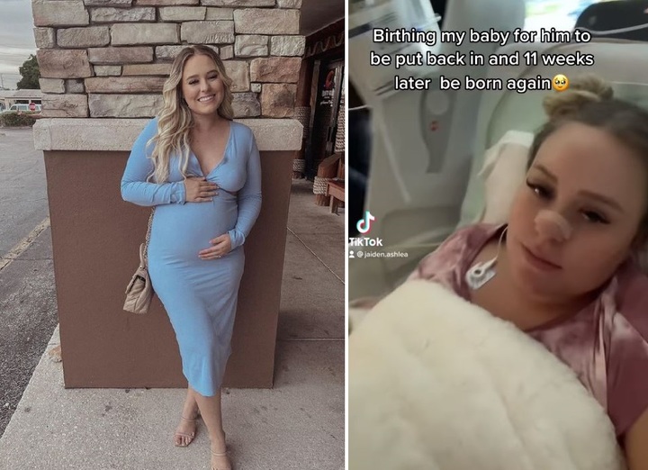 [서울=뉴시스] 지난 11일(현지시간) 미국 플로리다주 잭슨빌에 사는 여성 자이든 애슐리아가 올랜도 위니 팔머 병원 침대에 누워있는 모습(오른쪽). 임신 중 태아 척추 갈림증 치료 수술을 받은 애슐리아는 틱톡에 병상에 누워있는 모습을 공유하며 '11주 후에 다시 태어날 아기를 낳는다'는 글을 적었다. (사진=자이든 애슐리아 인스타그램 갈무리) 2022.05.19. *재판매 및 DB 금지