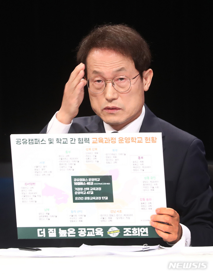 [서울=뉴시스] 국회사진기자단 = 조희연 서울시교육감 후보가 23일 오전 서울 영등포구 KBS에서 열린 서울시교육감선거 후보자 토론회에 앞서 준비를 하고 있다. 2022.05.23. photo@newsis.com