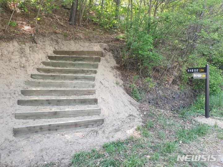 [보은=뉴시스] 충북 보은군이 탄부 국사봉·남산 등 생활권 등산로 정비사업을 추진한다. 사진은 탄부면 국사봉 등산로에 목계단을 설치한 모습. (사진=보은군 제공) 2022.05.25. photo@newsis.com