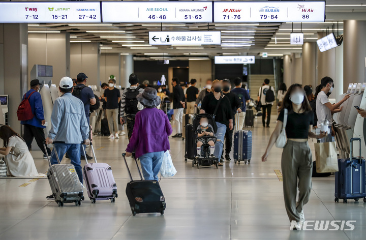 [서울=뉴시스] 정병혁 기자 = 거리두기가 해제되면서 서비스업 등 비제조업의 체감경기가 상승한 것으로 나타난 25일 서울 강서구 김포국제공항에서 시민들이 탑승수속을 밟고 있다. 한국은행이 25일 발표한 '5월 기업경기실사지수(BSI)' 조사 결과에 따르면, 이달 모든 산업의 업황 실적 BSI는 4월과 같은 86으로 집계됐다. 2022.05.25. jhope@newsis.com