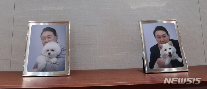 [서울=뉴시스] 전신 기자 = 25일 서울 용산 대통령실 청사 대통령 집무실에 윤석열 대통령이 반려견과 함께 촬영한 기념사진이 놓여 있다. (대통령실통신사진기자단) 2022.05.25. photo1006@newsis.com
