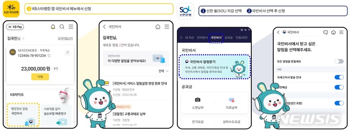 [세종=뉴시스] KB국민은행(KB스타뱅킹)과 신한은행(신한 쏠) 앱에서의 국민비서 서비스 신청 방법. (자료= 행정안전부 제공) 2022.05.26. 