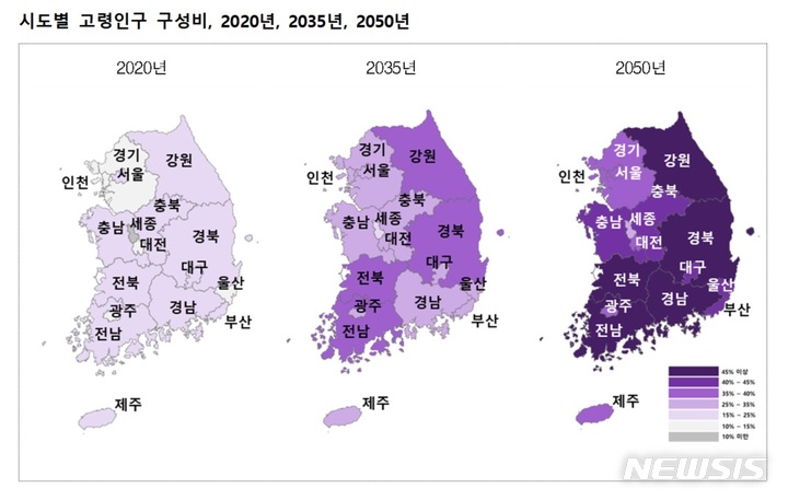 [세종=뉴시스] 통계청 장래인구추계(시도편) 2020~2050년, 시도별 고령인구 구성비. (자료=통계청 제공) 