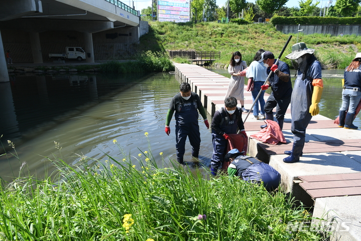 [안산=뉴시스]26일 경기 안산천 꿈의 교회 인근에서 시 공무원 등이 잉어 떼죽음 사고와 관련해 현장 조사를 진행 중이다.(안산시 제공)