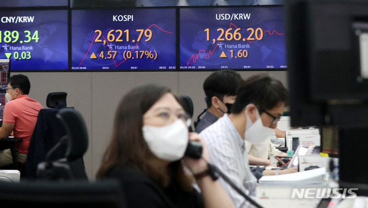 [서울=뉴시스] 추상철 기자 = 코스피는 전 거래일 대비 0.23(0.01%) 포인트 내린 2626.99, 코스닥지수는 3.5(0.40%) 포인트 오른 876.19에 개장한 26일 오전 서울 중구 하나은행 딜링룸에서 직원들이 업무를 보고 있다. 2022.05.26. scchoo@newsis.com
