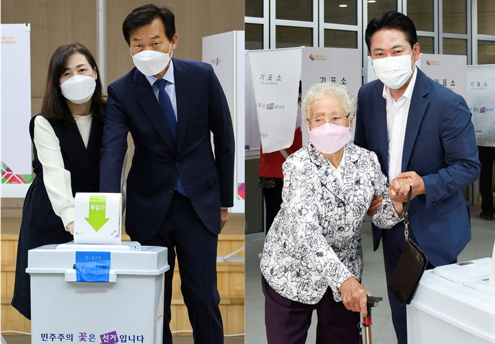 [보령·서천=뉴시스] 조명휘 기자 = 충남 보령·서천 국회의원 보궐선거에 출마한 나소열(왼쪽) 더불어민주당 후보와 장동혁 국민의힘 후보가 사전투표 첫 날인 27일 가족들과 함께 투표를 하고 있다. *재판매 및 DB 금지