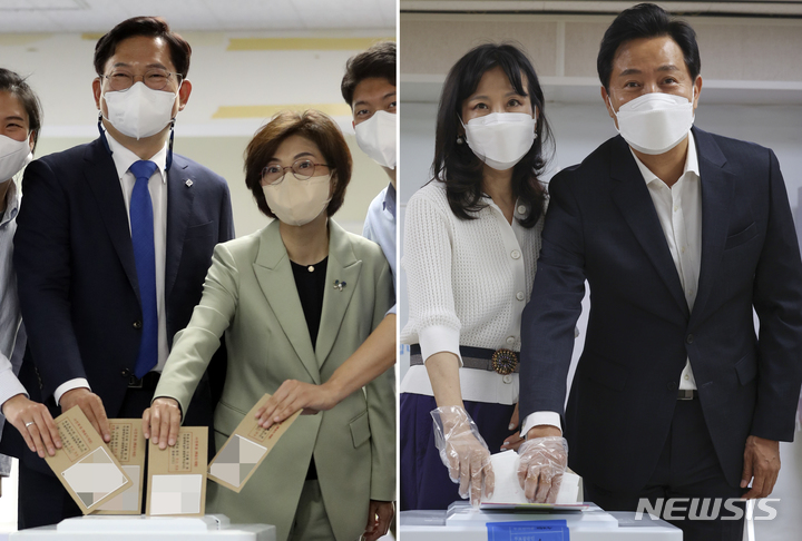 [서울=뉴시스] 최진석 기자·국회사진기자단 = 송영길(왼쪽 사진) 더불어민주당 서울시장 후보와 오세훈 국민의힘 서울시장 후보가 제8회 전국동시지방선거 사전투표 첫날인 27일 서울 용산구 이촌제1동 사전투표소와 서울 광진구 자양제3동사전투표소에서 각각 투표를 하고 있다. 2022.05.27. photo@newsis.com