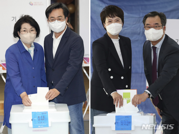 [수원·성남=뉴시스] 국회사진기자단 = 김동연(왼쪽 사진) 더불어민주당 경기도지사 후보와 김은혜 국민의힘 경기도지사 후보가 제8회 전국동시지방선거 사전투표 첫날인 27일 오전 경기 수원 영통구 광교1동사전투표소와 경기 성남 분당구 운중동사전투표소에서 각각 사전투표를 하고 있다. 2022.05.27. photo@newsis.com
