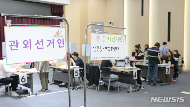 [울산=뉴시스] 배병수 기자 = 제8회 전국동시지방선거 사전투표 첫날인 27일 오후 울산 남구청 6층 삼산동투표소에서 유권자들이 사전투표를 하고 있다. 2022.05.27. bbs@newsis.com