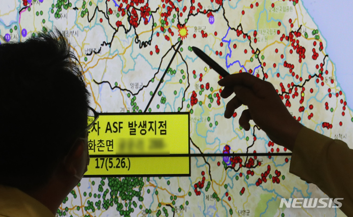 [세종=뉴시스] 강종민 기자 = 아프리카돼지열병이 강원도 홍천의 양돈농장에서 발생한 가운데 27일 오후 세종시 정부세종청사 아프리카돼지열병 중앙사고수습본부 상황실에서 관계자들이 지도를 보며 초동 방역조치와 방역실태를 점검하고 있다. 2022.05.27. ppkjm@newsis.com
