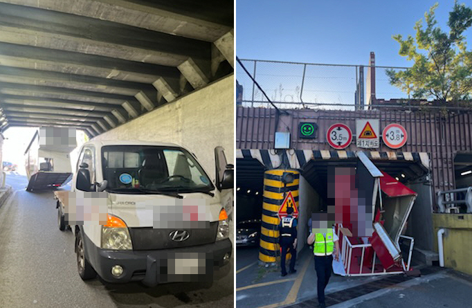 [부산=뉴시스] 29일 오후 부산 동구 초량동 제1지하차도를 지나가려던 A정당 선거유세차량(1t)의 스크린이 높이 3.5m 입구 윗부분과 충돌했다. (사진=부산경찰청 제공) 2022.05.30. photo@newsis.com *재판매 및 DB 금지