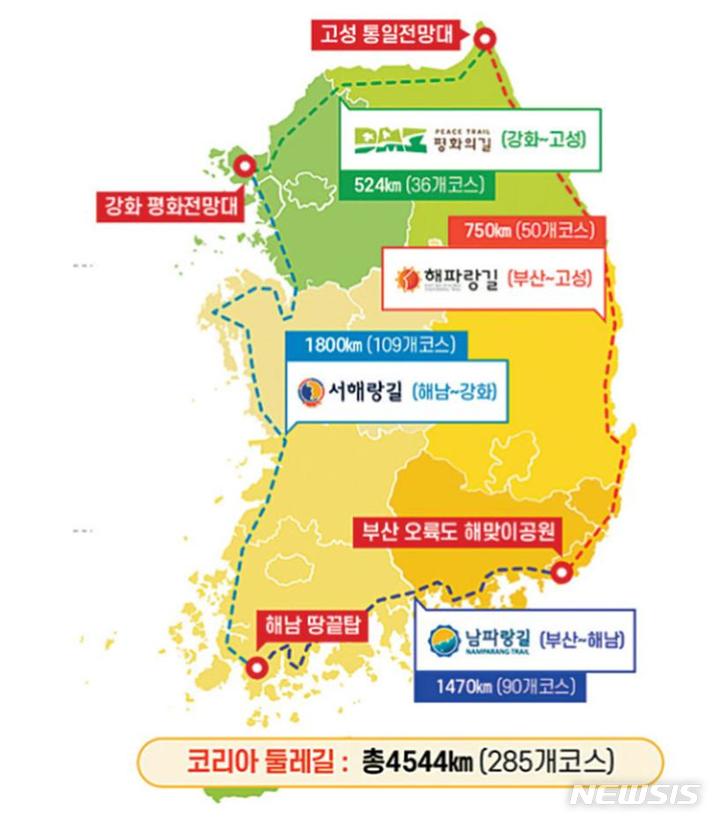 [창원=뉴시스] 문화체육관광부에서 추진 중인 걷기여행길 '코리아둘레길' 현황.