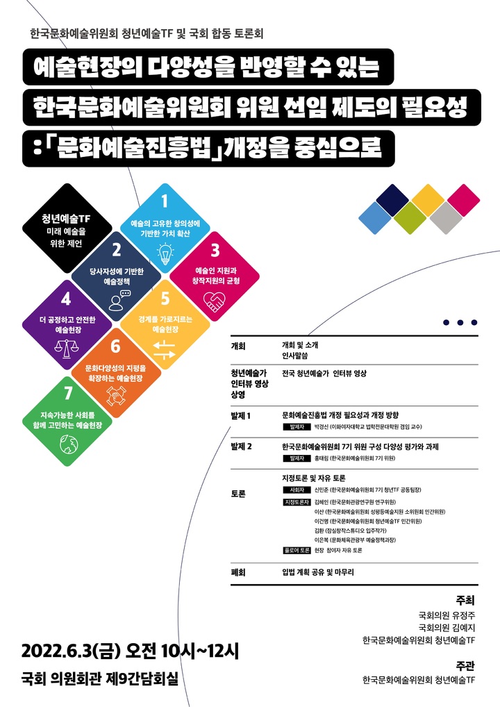 한국문화예술위원회 다음달 3일 오전 10시 국회 의원회관에서 '예술현장의 다양성을 반영할 수 있는 예술위 위원 선임 제도의 필요성' 토론회를 개최한다. 2022.05.30. (사진=한국문화예술위원회 제공) photo@newsis.com *재판매 및 DB 금지