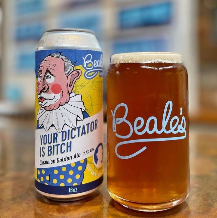 [서울=뉴시스] 지난 28일 (현지시간) 미국 베드퍼드 '빌스'(Beale's) 맥주 회사는 우크라이나를 침공한 블라디미르 푸틴 러시아 대통령을 조롱하는 "당신의 독재자는 개XX" 맥주를 출시했다. (사진=빌스 맥주 인스타그램 갈무리) 2022.05.31. *재판매 및 DB 금지